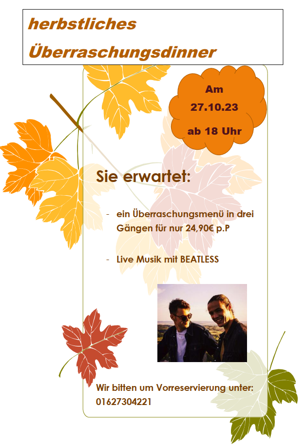 Flyer Überraschungsdinner  mit Musik von Beatless